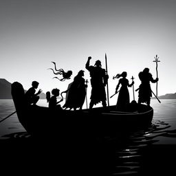 A striking black and white scene on a boat featuring silhouettes of a diverse group of adventurers