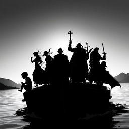 A striking black and white scene on a boat featuring silhouettes of a diverse group of adventurers