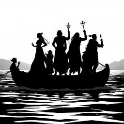 A striking black and white scene on a boat featuring silhouettes of a diverse group of adventurers