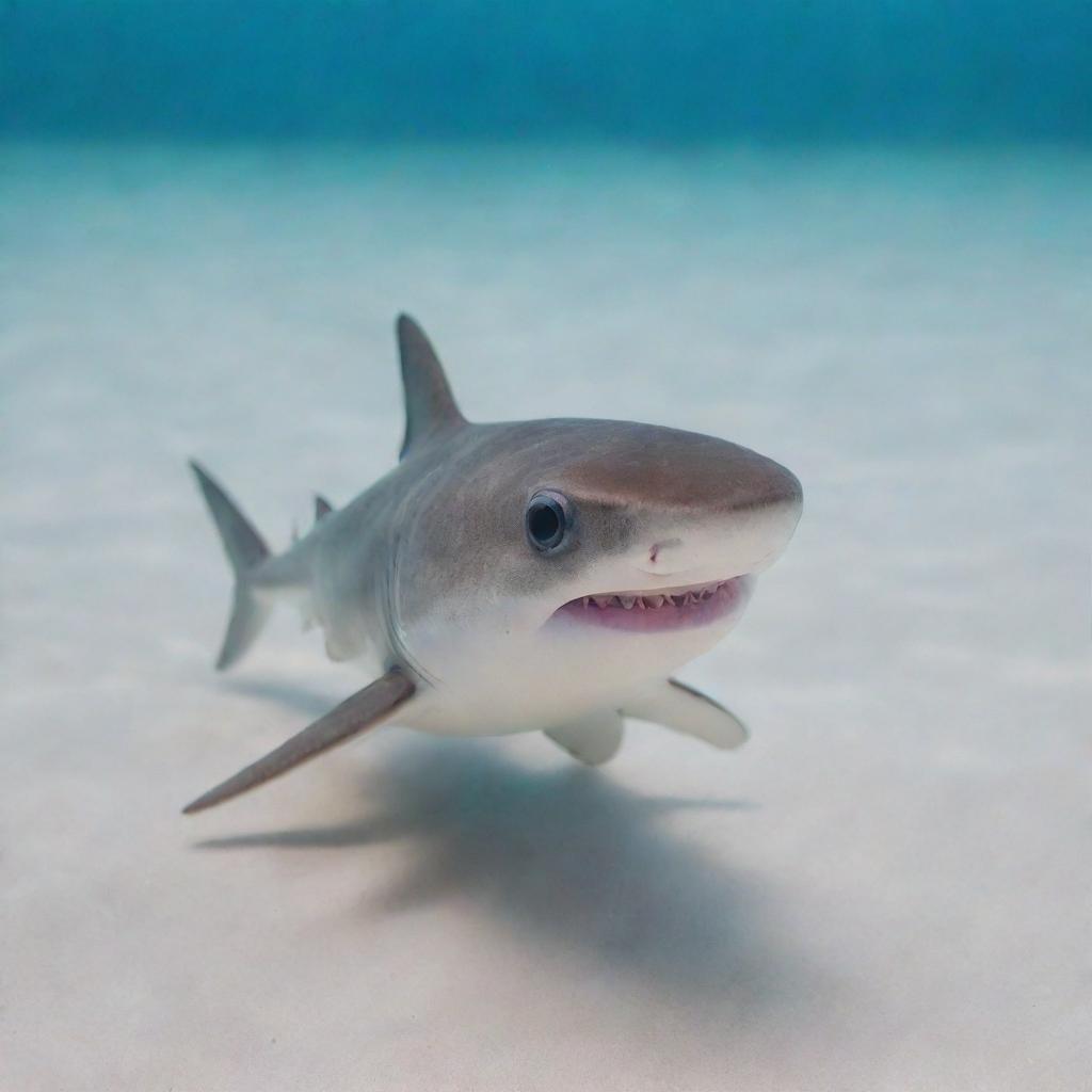 A small, adorable baby shark with sparkling blue eyes swimming gently in crystal clear water.