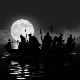 A black and white silhouette scene featuring a group on a boat