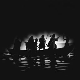 A black and white silhouette scene featuring a group on a boat