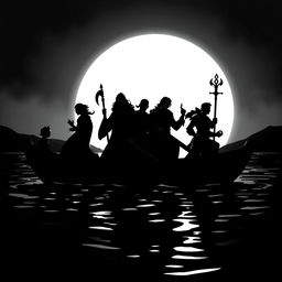 A black and white silhouette scene featuring a group on a boat