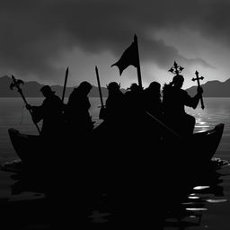 A black and white silhouette scene featuring a group on a boat