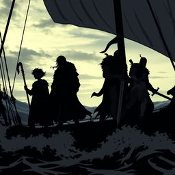 A fantasy scene featuring a silhouette of 1 halfling, 2 male elf mages, 2 human warriors, and 1 human teenage cleric, all standing aboard a ship