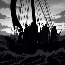 A fantasy scene featuring a silhouette of 1 halfling, 2 male elf mages, 2 human warriors, and 1 human teenage cleric, all standing aboard a ship