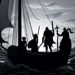 A fantasy scene featuring a silhouette of 1 halfling, 2 male elf mages, 2 human warriors, and 1 human teenage cleric, all standing aboard a ship