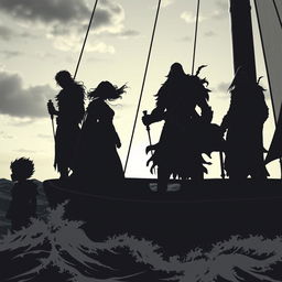 A fantasy scene featuring a silhouette of 1 halfling, 2 male elf mages, 2 human warriors, and 1 human teenage cleric, all standing aboard a ship