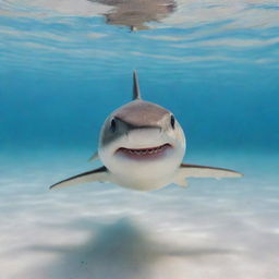 A small, adorable baby shark with sparkling blue eyes swimming gently in crystal clear water.