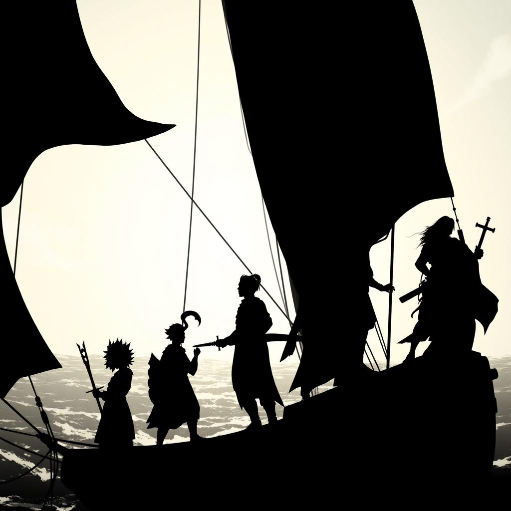 A fantasy scene featuring a silhouette of 1 halfling, 2 male elf mages, 2 human warriors, and 1 young human cleric, all standing aboard a ship