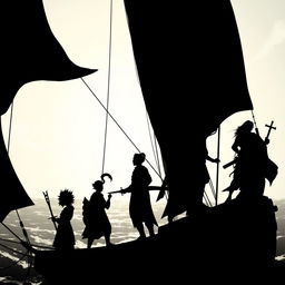 A fantasy scene featuring a silhouette of 1 halfling, 2 male elf mages, 2 human warriors, and 1 young human cleric, all standing aboard a ship