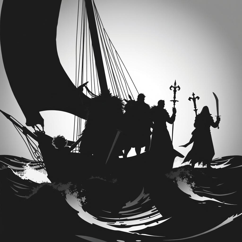 A fantasy scene featuring a silhouette of 1 halfling, 2 male elf mages, 2 human warriors, and 1 young human cleric, all standing aboard a ship