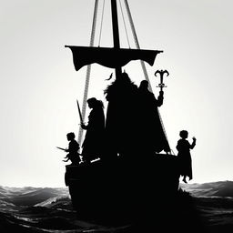 A fantasy scene featuring a silhouette of 1 halfling, 2 male elf mages, 2 human warriors, and 1 young human cleric, all standing aboard a ship