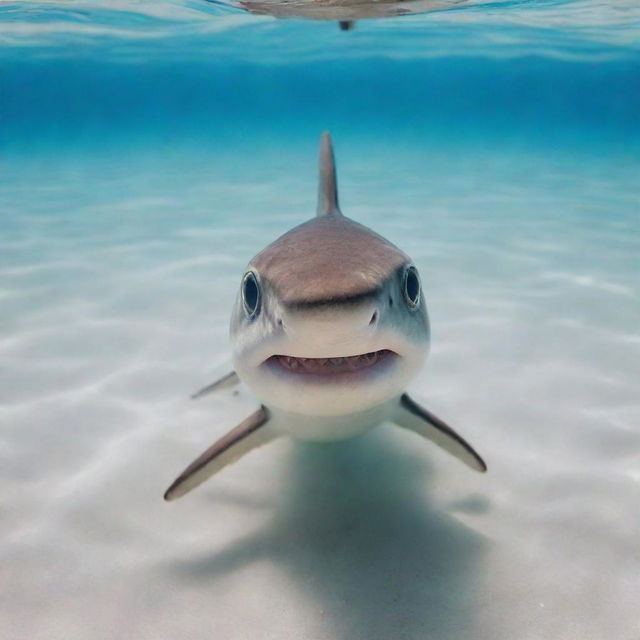 A small, adorable baby shark with sparkling blue eyes swimming gently in crystal clear water.