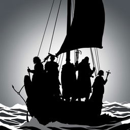 A fantasy scene featuring a silhouette of 1 halfling, 2 male elf mages, 2 human warriors, and 1 young human cleric, all standing aboard a ship