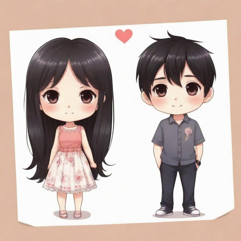 Adorable chibi-style illustration of a lovely couple, with the girl being slightly shorter and having black hair