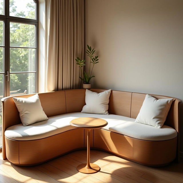 A beautifully designed cozy seating area featuring a wooden bench with plush cream cushions