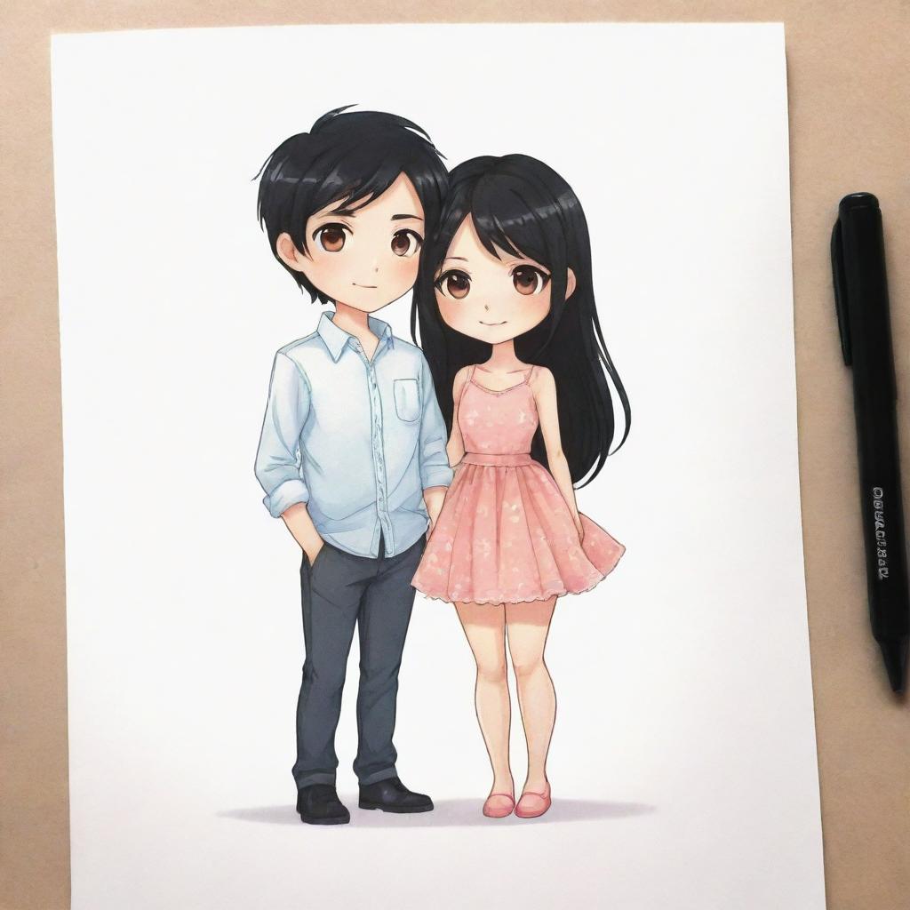 Adorable chibi-style illustration of a lovely couple, with the girl being slightly shorter and having black hair