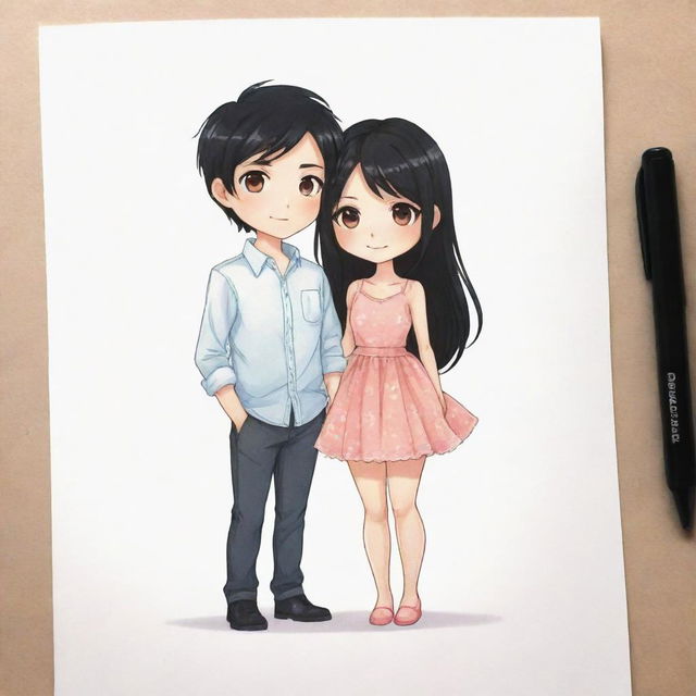 Adorable chibi-style illustration of a lovely couple, with the girl being slightly shorter and having black hair