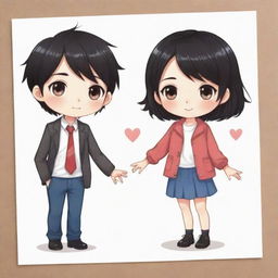 Adorable chibi-style illustration of a lovely couple, with the girl being slightly shorter and having black hair