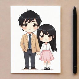 Adorable chibi-style illustration of a lovely couple, with the girl being slightly shorter and having black hair