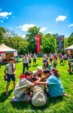 A vibrant and dynamic scene depicting a competitive scouting event showcasing talented scouts participating in various challenges