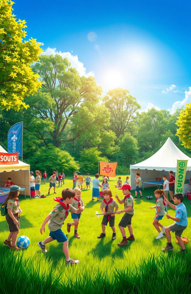 A vibrant and dynamic scene depicting a competitive scouting event showcasing talented scouts participating in various challenges