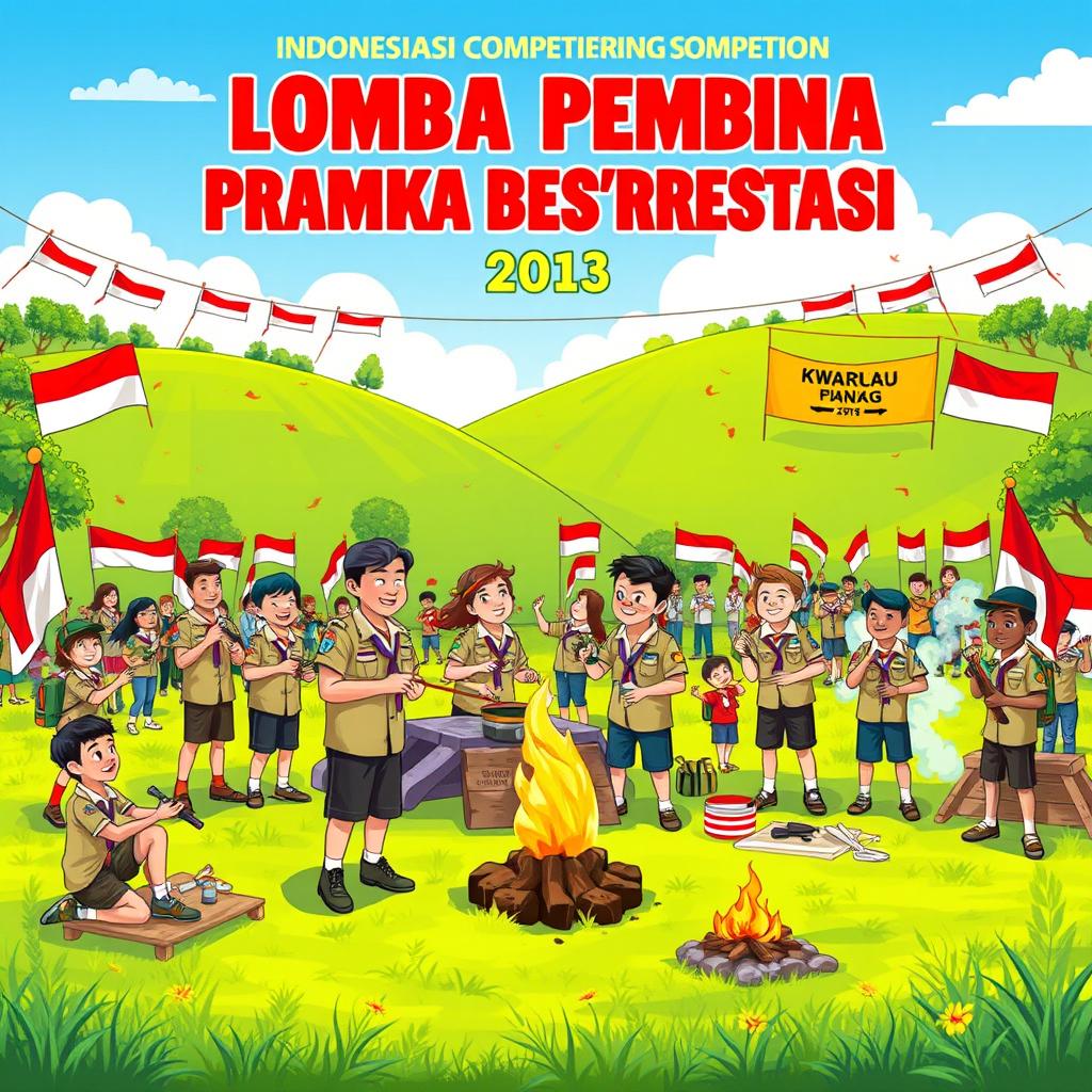 A lively and colorful illustration of the prestigious Indonesian scouting competition (Lomba Pembina Pramuka Berprestasi) at the Kwarcab level