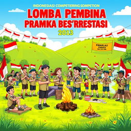 A lively and colorful illustration of the prestigious Indonesian scouting competition (Lomba Pembina Pramuka Berprestasi) at the Kwarcab level