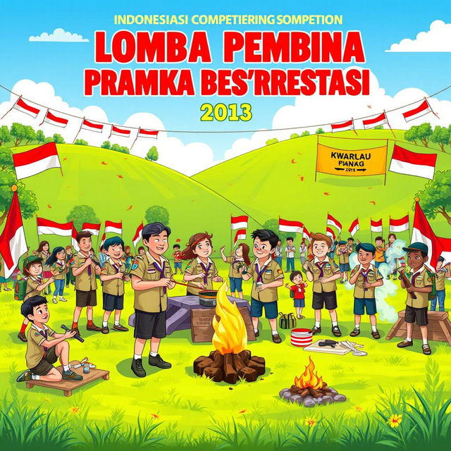 A lively and colorful illustration of the prestigious Indonesian scouting competition (Lomba Pembina Pramuka Berprestasi) at the Kwarcab level