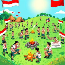 A lively and colorful illustration of the prestigious Indonesian scouting competition (Lomba Pembina Pramuka Berprestasi) at the Kwarcab level