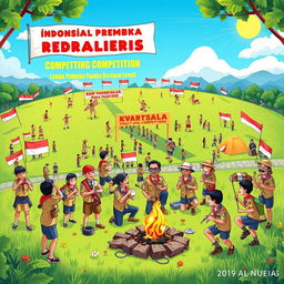 A lively and colorful illustration of the prestigious Indonesian scouting competition (Lomba Pembina Pramuka Berprestasi) at the Kwarcab level