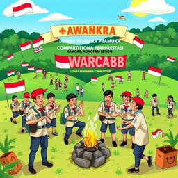 A lively and colorful illustration of the prestigious Indonesian scouting competition (Lomba Pembina Pramuka Berprestasi) at the Kwarcab level