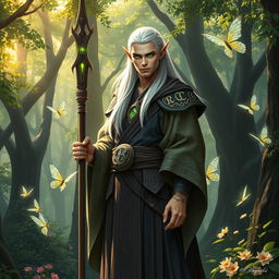 A majestic high elf monk standing tall in an ancient forest, the sunlight filtering through the leaves, casting a golden glow around him