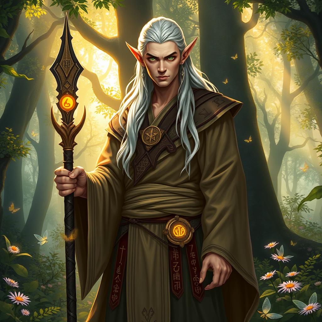 A majestic high elf monk standing tall in an ancient forest, the sunlight filtering through the leaves, casting a golden glow around him