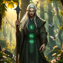 A majestic high elf monk standing tall in an ancient forest, the sunlight filtering through the leaves, casting a golden glow around him