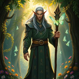 A majestic high elf monk standing tall in an ancient forest, the sunlight filtering through the leaves, casting a golden glow around him