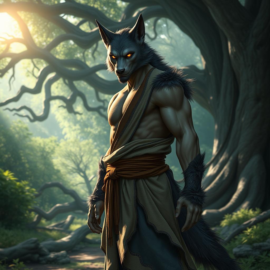 A werewolf elf monk character, depicted with striking pointed ears and glowing amber eyes, standing in a peaceful forest setting