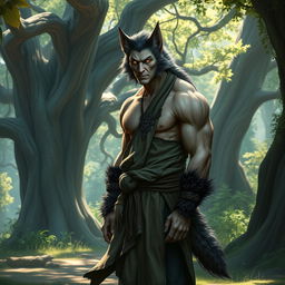 A werewolf elf monk character, depicted with striking pointed ears and glowing amber eyes, standing in a peaceful forest setting