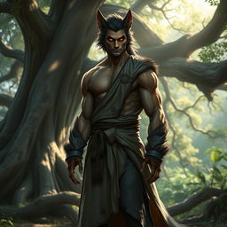 A werewolf elf monk character, depicted with striking pointed ears and glowing amber eyes, standing in a peaceful forest setting