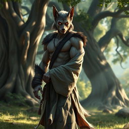 A werewolf elf monk character, depicted with striking pointed ears and glowing amber eyes, standing in a peaceful forest setting