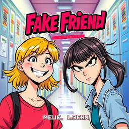 A dynamic and colorful novel cover for a book titled "Fake Friend" featuring comic-style characters set in a school background