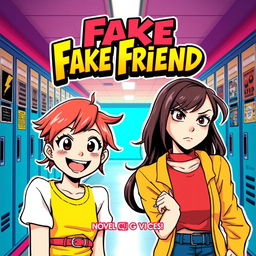 A dynamic and colorful novel cover for a book titled "Fake Friend" featuring comic-style characters set in a school background