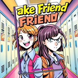 A dynamic and colorful novel cover for a book titled "Fake Friend" featuring comic-style characters set in a school background