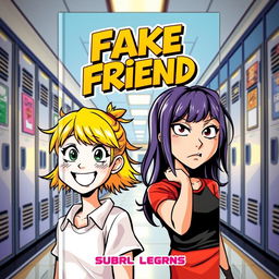 A dynamic and colorful novel cover for a book titled "Fake Friend" featuring comic-style characters set in a school background