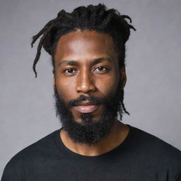 A handsome individual with dark skin, a long beard, and well-tied dreadlocks, wearing a black shirt with the name 'Jamine' written on the front.