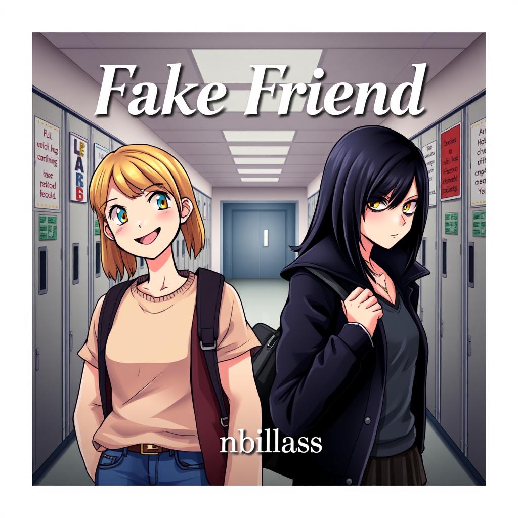 An intriguing novel cover for the book titled "Fake Friend" featuring characters in a fictional style, set against a school background