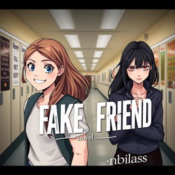 An intriguing novel cover for the book titled "Fake Friend" featuring characters in a fictional style, set against a school background