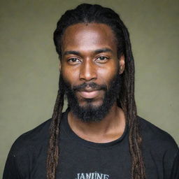 A handsome individual with dark skin, a long beard, and well-tied dreadlocks, wearing a black shirt with the name 'Jamine' written on the front.