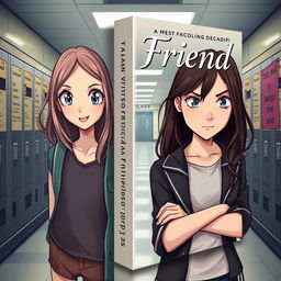 An intriguing novel cover for the book titled "Fake Friend" featuring characters in a fictional style, set against a school background